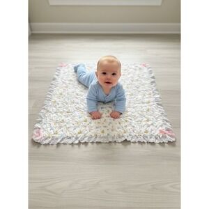 Baby Quilt Bunnies Butterflies White Ruffle Edge Pink Bows Nursery Decor